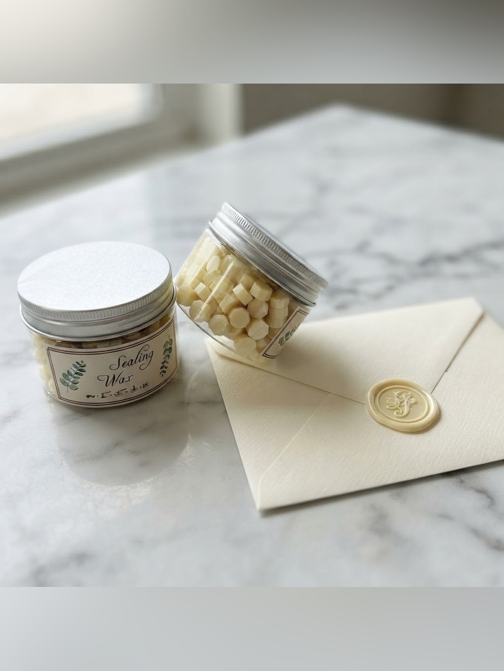 Set Of 2 Clear Jars With Screw Lids Filled With Hexagon Ivory Sealing Wax Beads